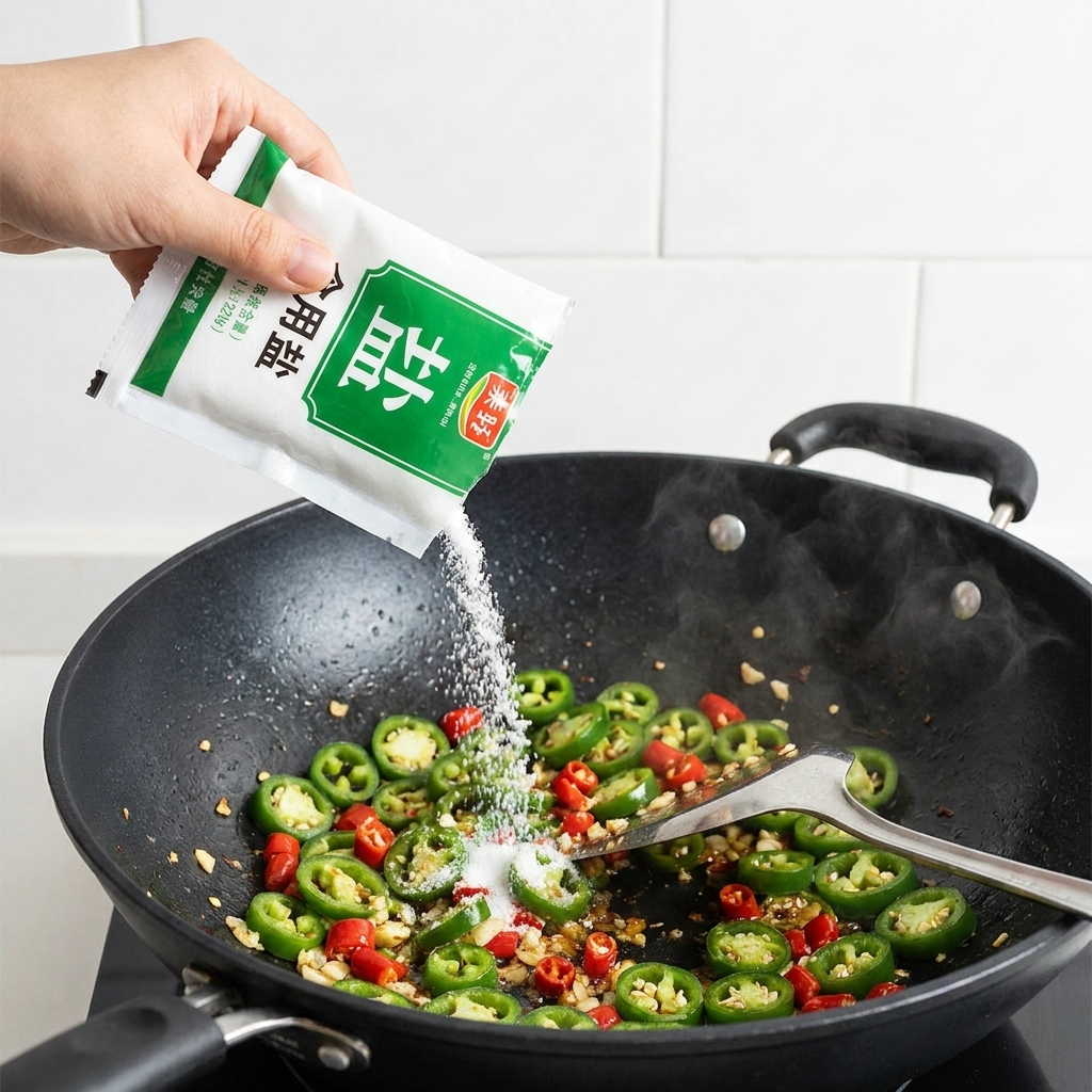 Salt being sprinkled over the stir-frying chili and jalapeño mixture in the wok.