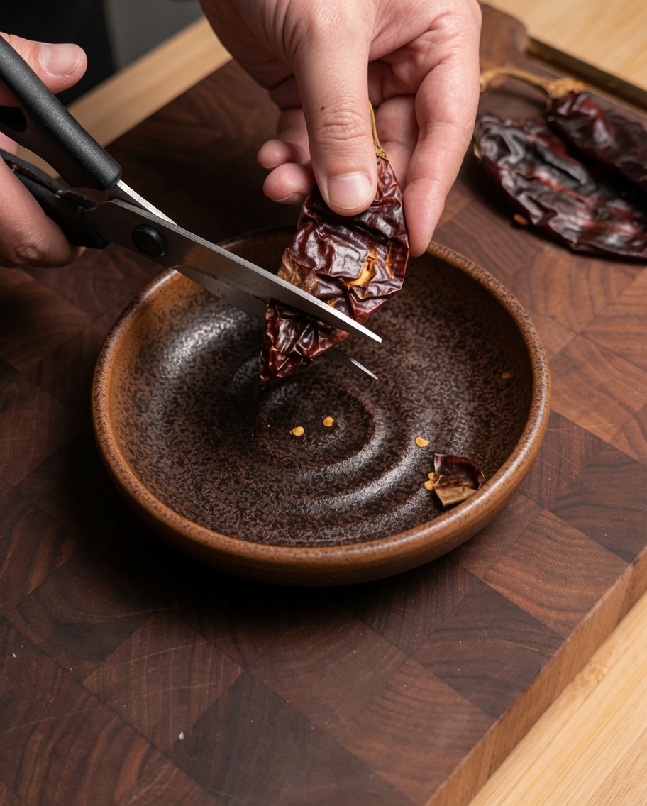 Close-up of hands using scissors to cut dried Guajillo chili peppers over a rustic brown bowl.
