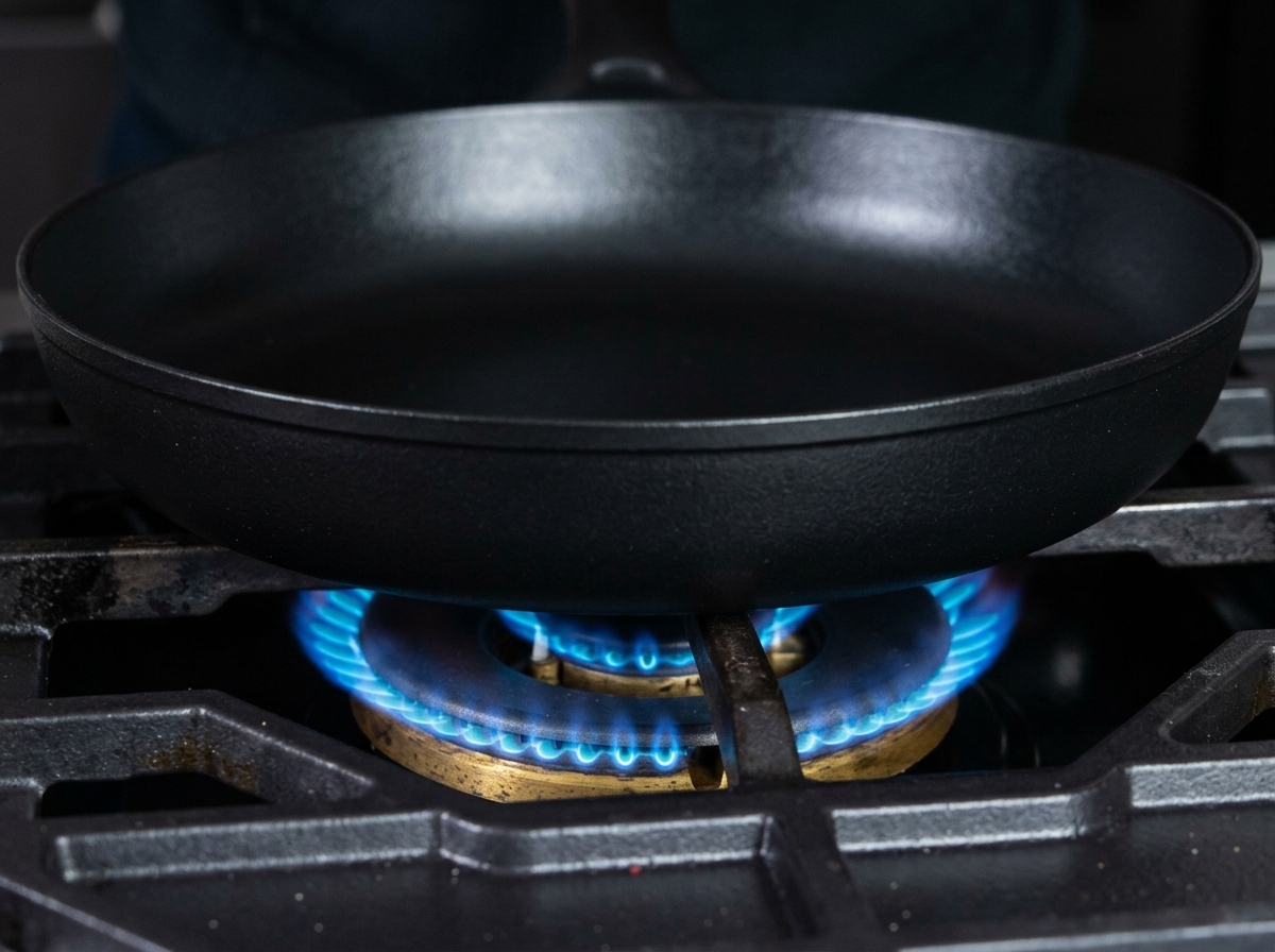 Diced bacon rendering fat in a black skillet over a gas burner.