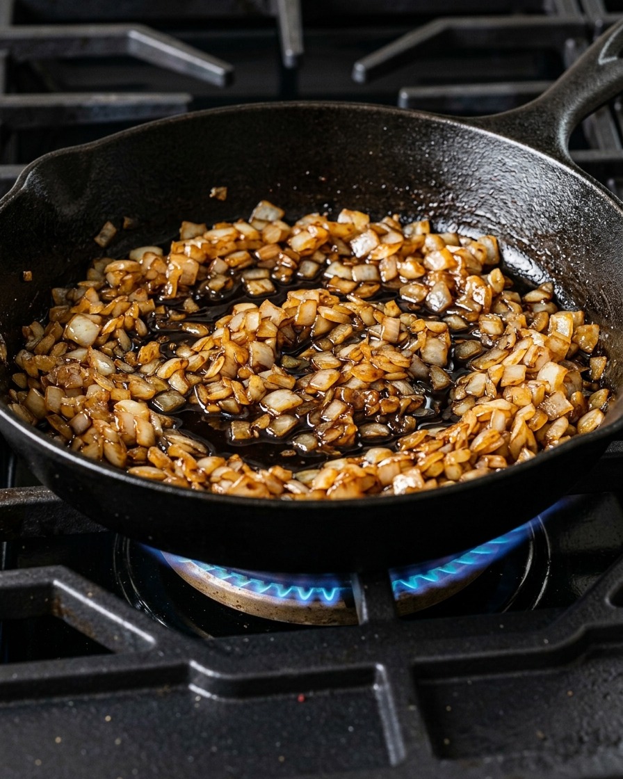 Black coffee being poured into a pan containing sautéed onions.