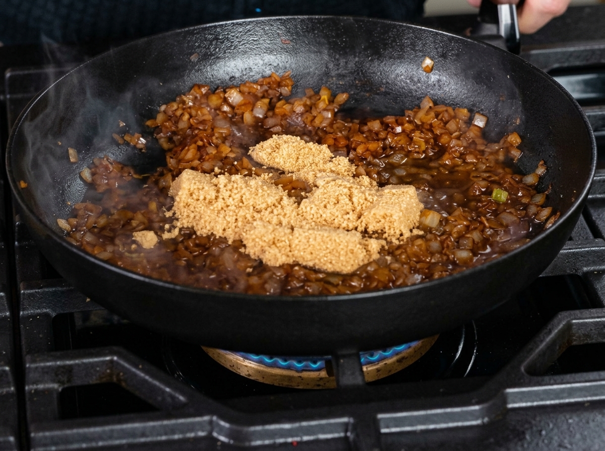 Brown sugar and fresh raspberries being added to a pan of sautéed onions and coffee.