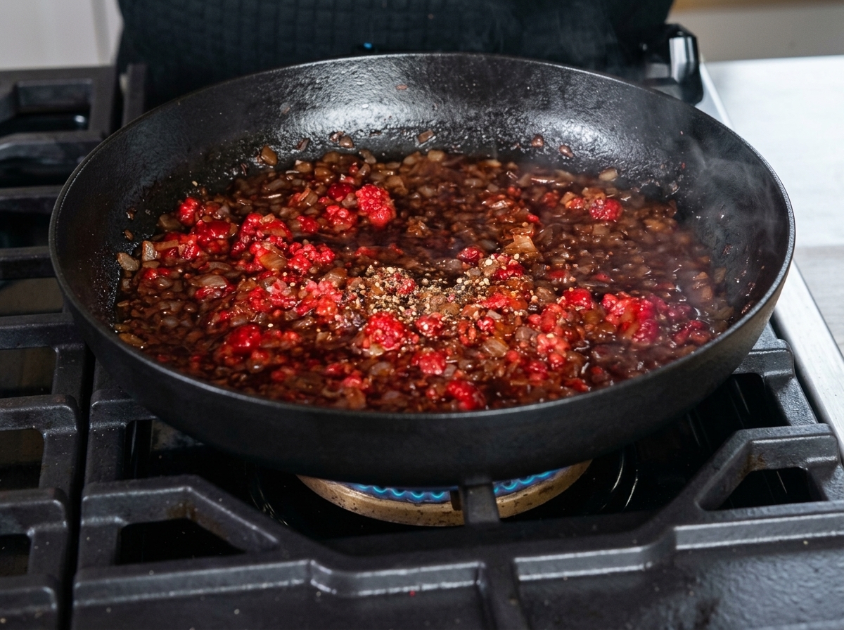Crispy bacon, raspberries, onions, and coffee simmering together in a pan.