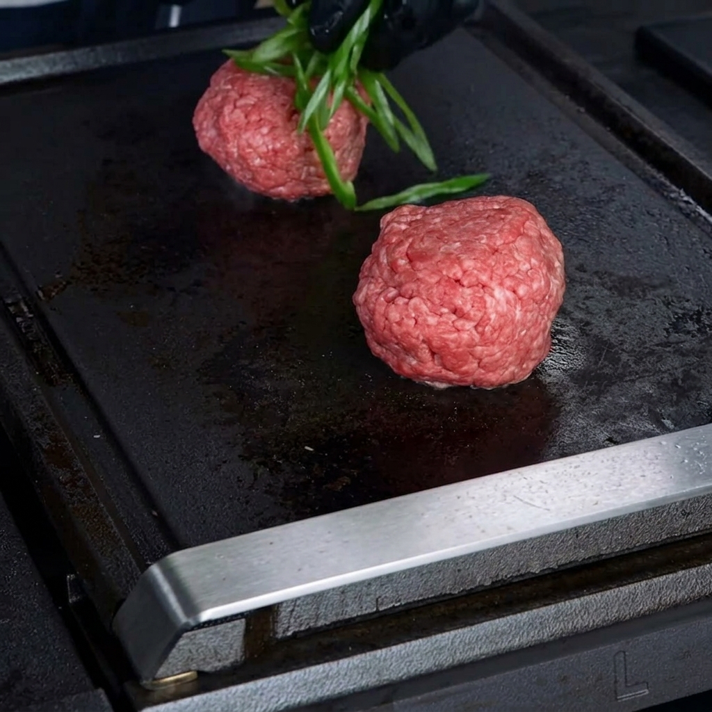 Gloved hands placing thinly sliced fresh green jalapeños onto raw ground beef patties on a flat top griddle.