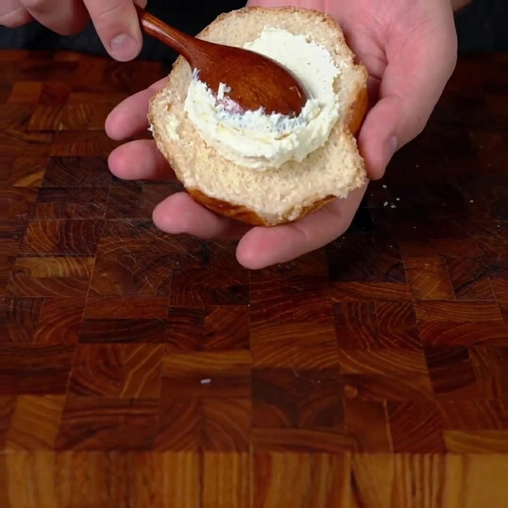 Using a wooden spoon to spread a thick layer of white whipped cream cheese onto the bottom half of a toasted burger bun.