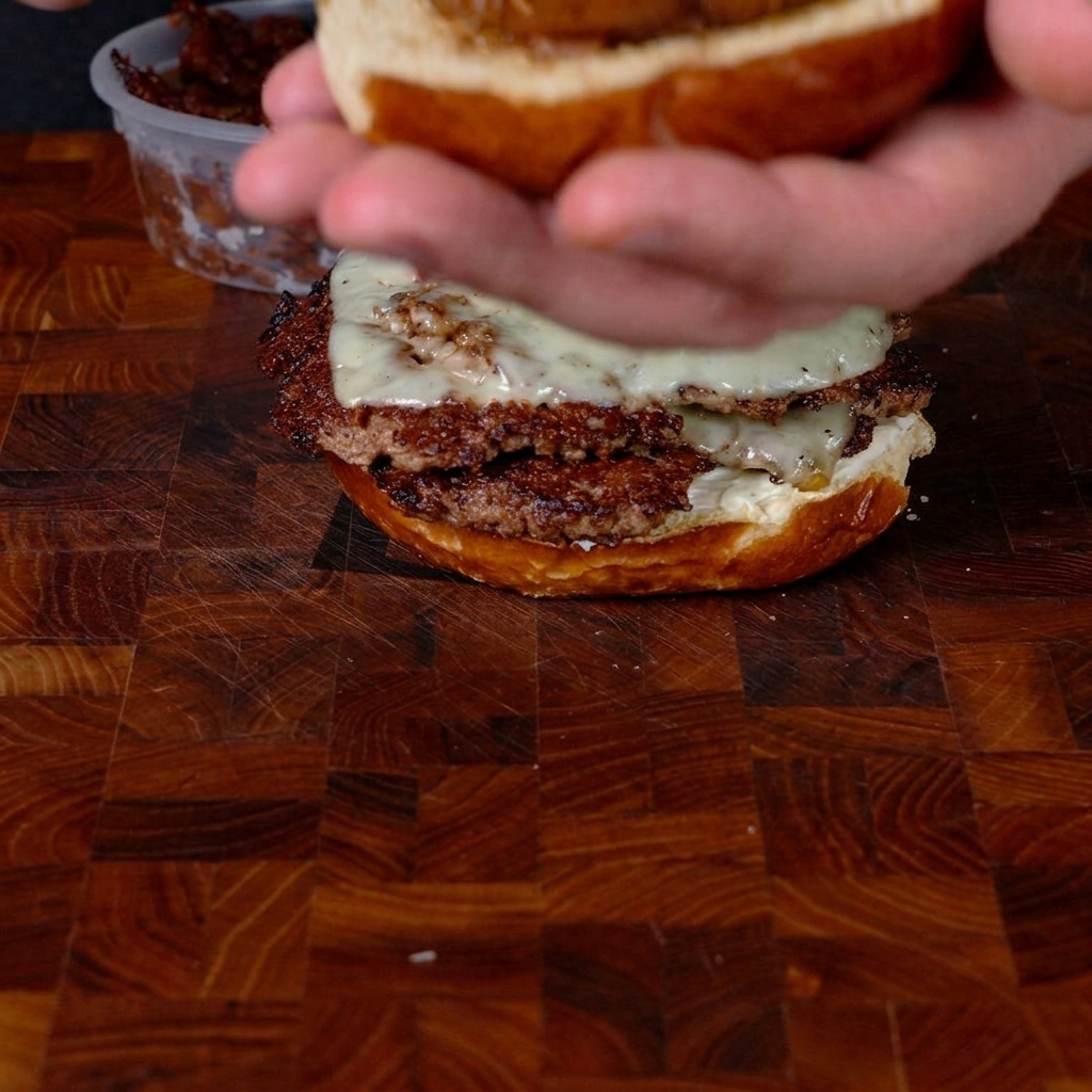 Hands holding a toasted top bun and spreading a thick layer of rich, dark bacon jam onto the inside surface.