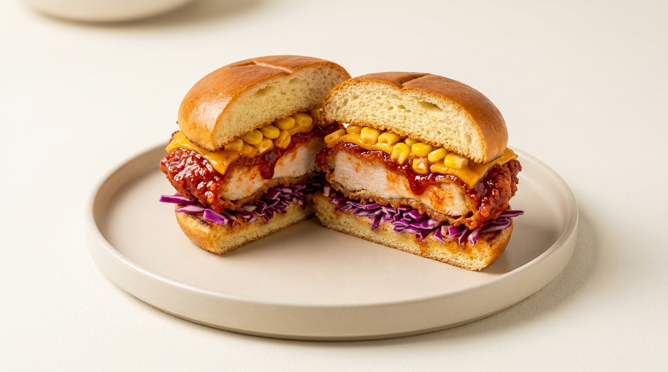 A juicy Korean fried chicken burger featuring a vibrant red glaze, melted cheddar, and a crunchy slaw.