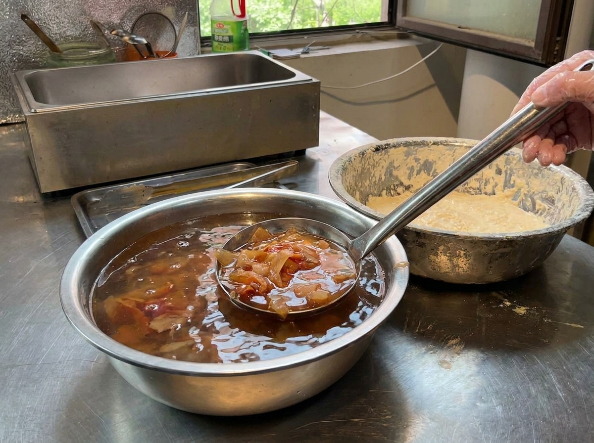 Chicken pieces being lifted from a liquid bowl using a metal wire strainer.