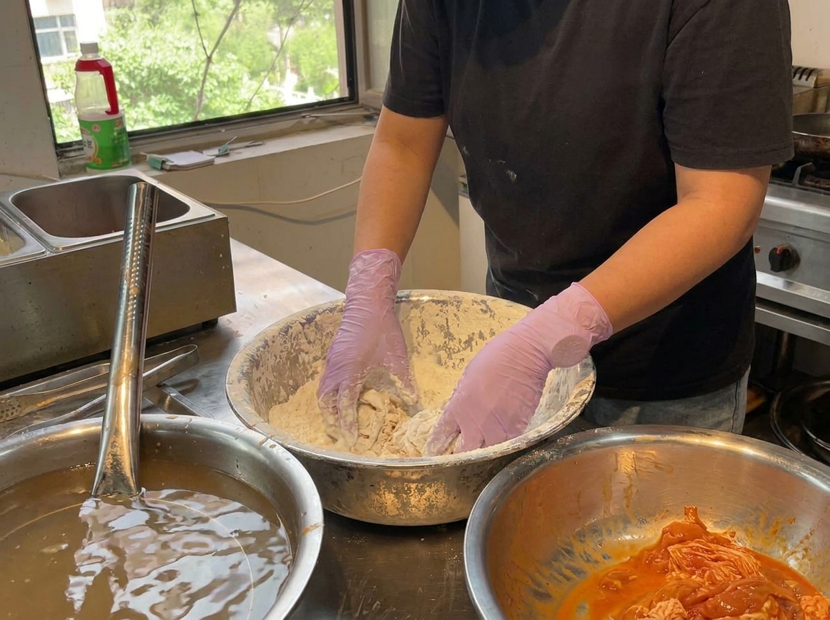 Raw chicken being tossed in a bowl of white breading flour.