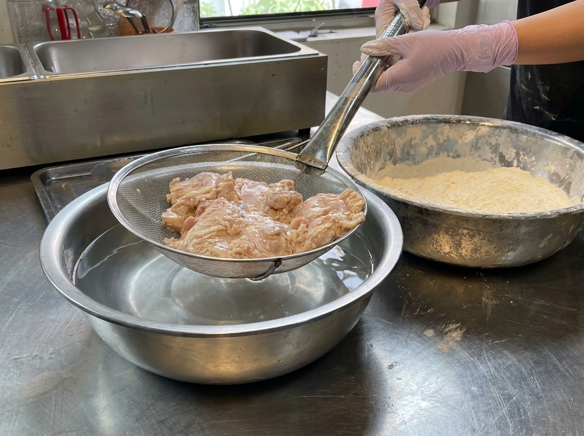 Floured chicken pieces being lifted from a water bath using a strainer to drain excess liquid.