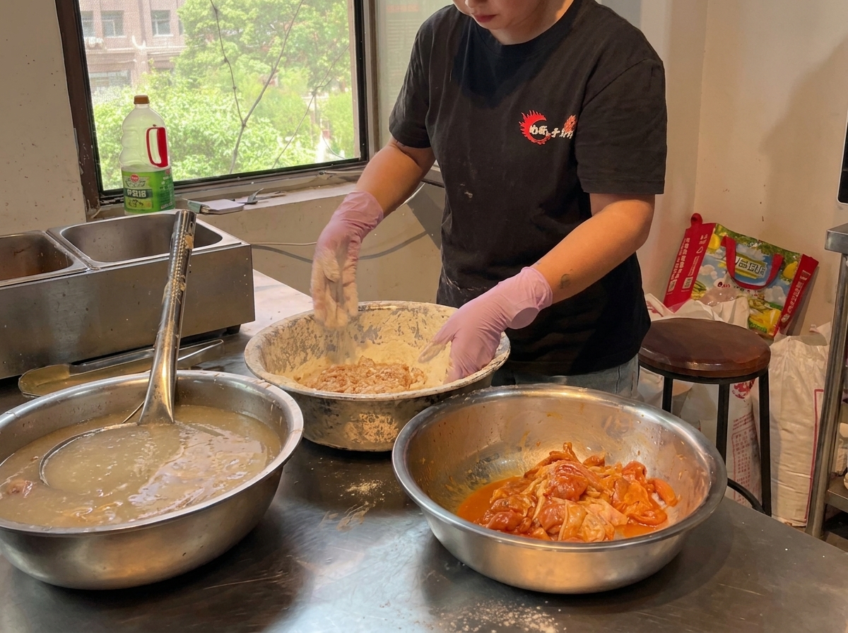 Chicken pieces being pressed into breading flour to form a craggy outer crust.