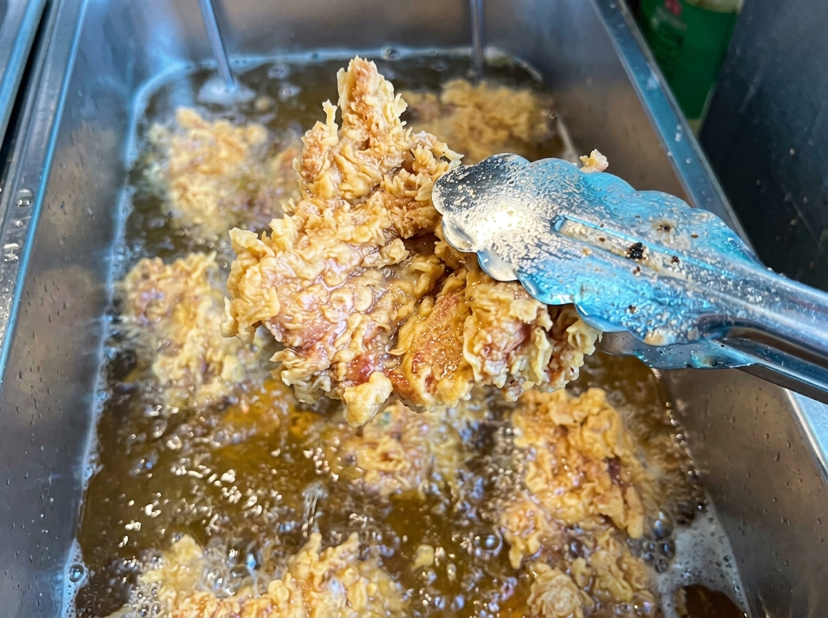 Tongs lifting a piece of golden-brown crispy fried chicken out of a bubbling deep fryer.