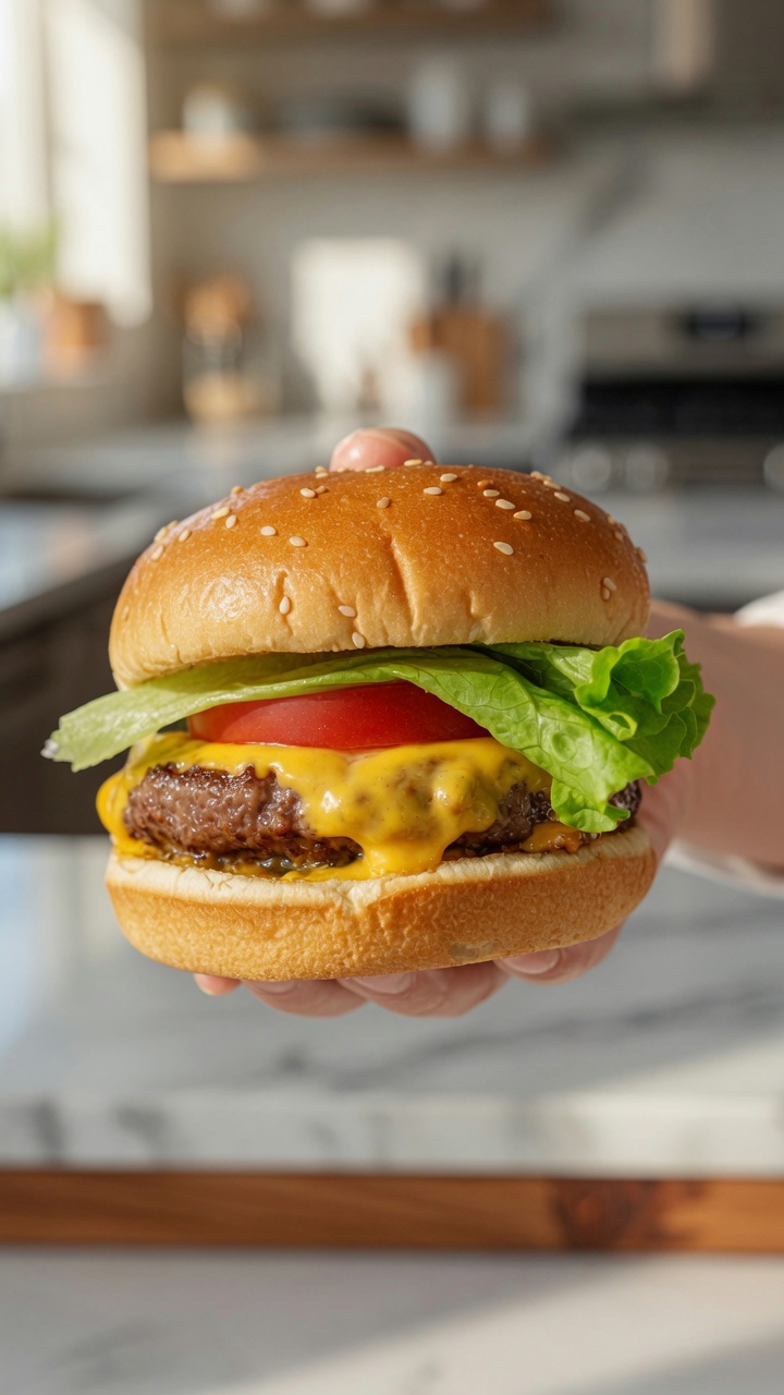 A juicy Angus beef cheeseburger with melted cheddar, fresh tomato, and crisp lettuce on a toasted bun.