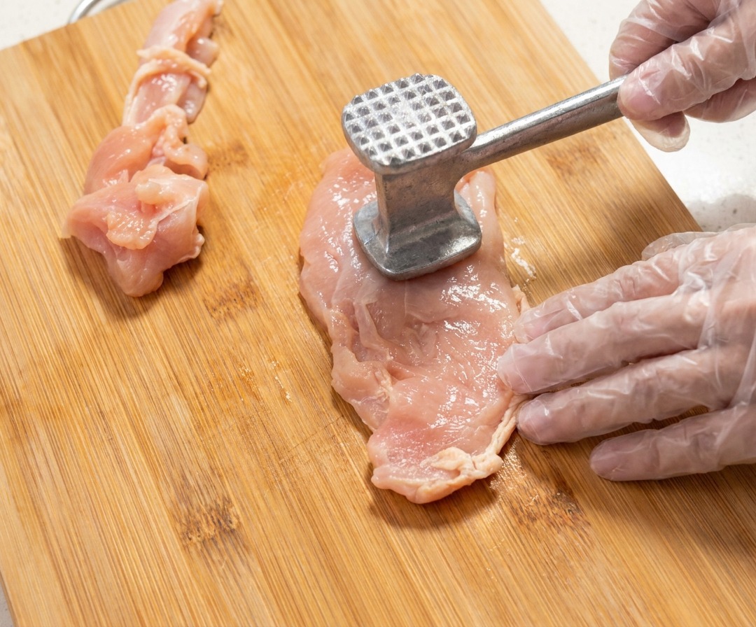 A close-up shot of raw chicken breast being tenderized with a metal meat mallet on a wooden board.