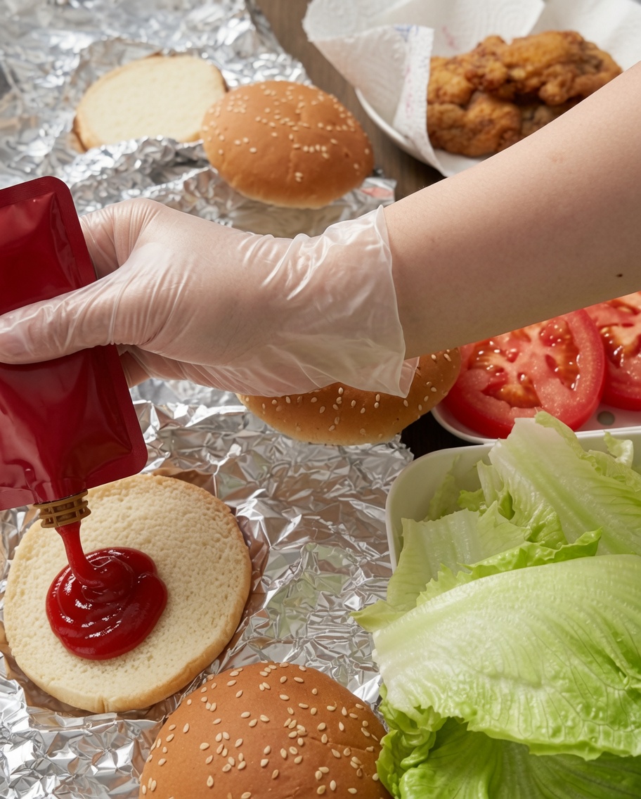 A hand wearing a plastic glove squeezing ketchup from a red pouch onto the surface of a soft hamburger bun, with fresh lettuce and sliced tomatoes nearby.