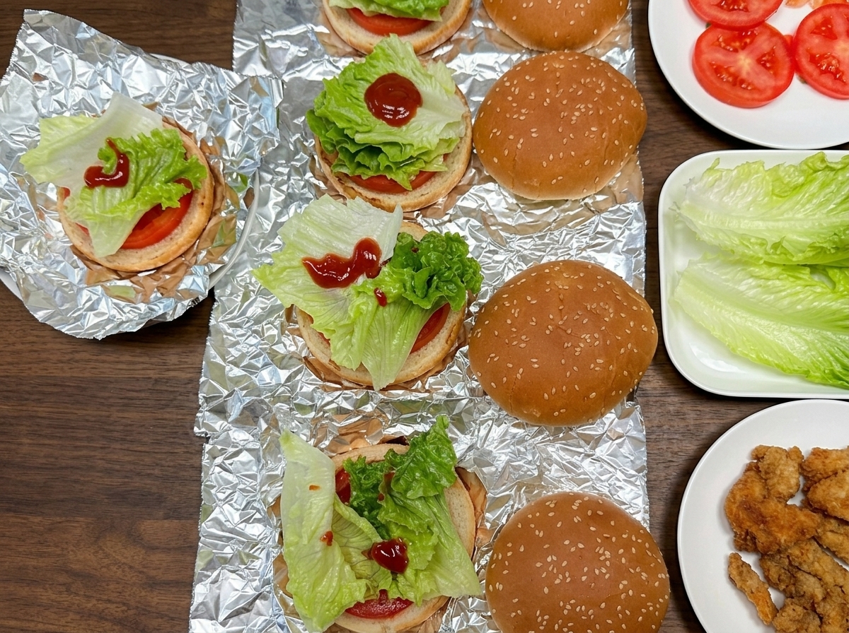 A freshly fried golden-brown chicken patty being placed into a burger bun layered with fresh green lettuce and red tomato slices.