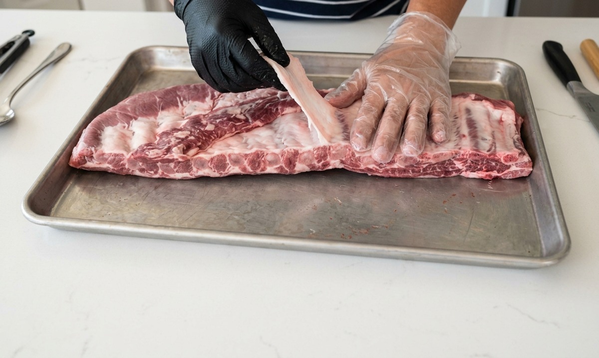 Gloved hands peeling the thin silverskin membrane off the back of a raw rack of pork ribs on a baking tray.