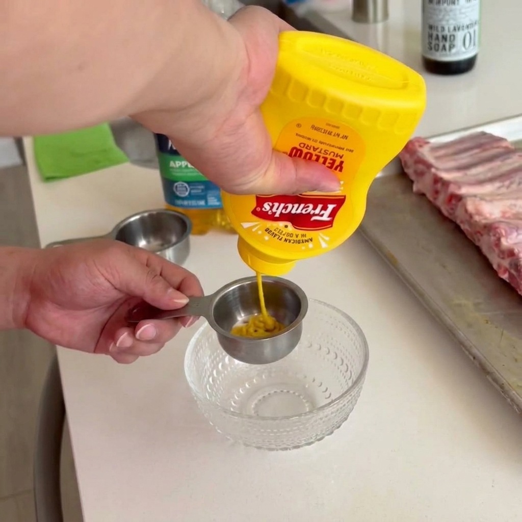 Squeezing yellow mustard from a bottle into a small metal measuring cup to mix with apple juice.