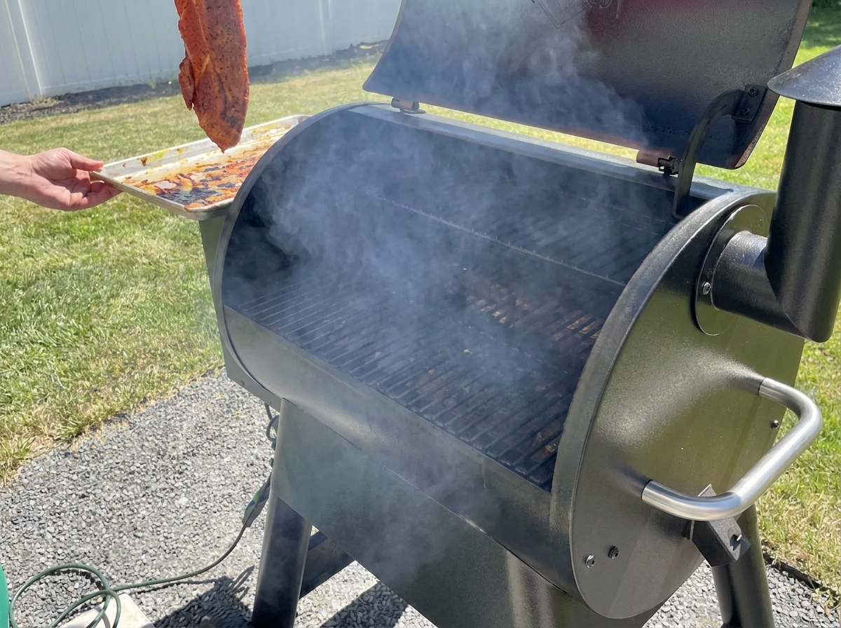 An arm holding a seasoned rack of ribs next to an open smoking black pellet grill.