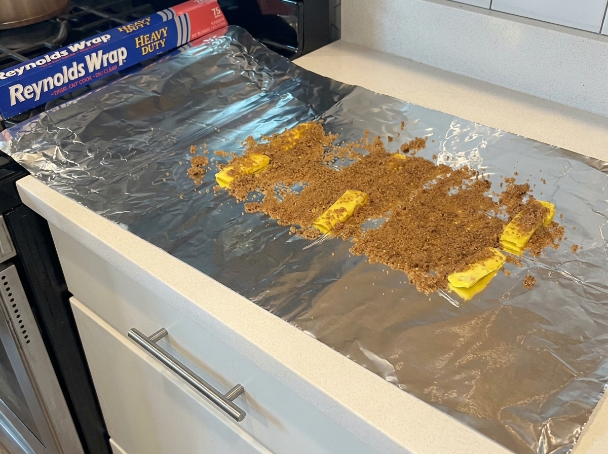A large sheet of aluminum foil on a kitchen counter topped with lines of brown sugar and pats of yellow butter.