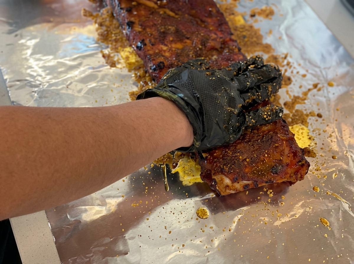 Rack of seasoned ribs being placed onto a prepared layer of brown sugar and butter on a sheet of aluminum foil.