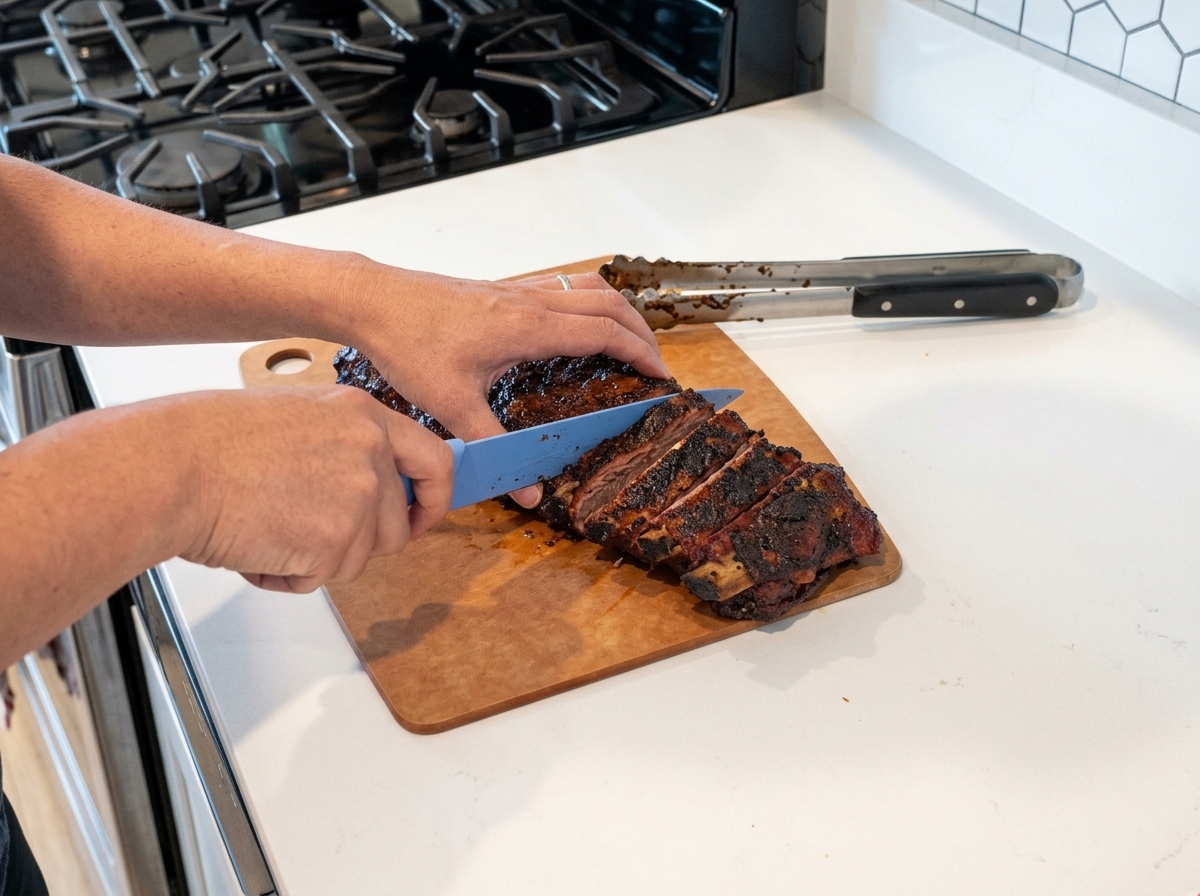 A sealed foil packet containing ribs being carefully placed onto the racks of a hot smoker grill.