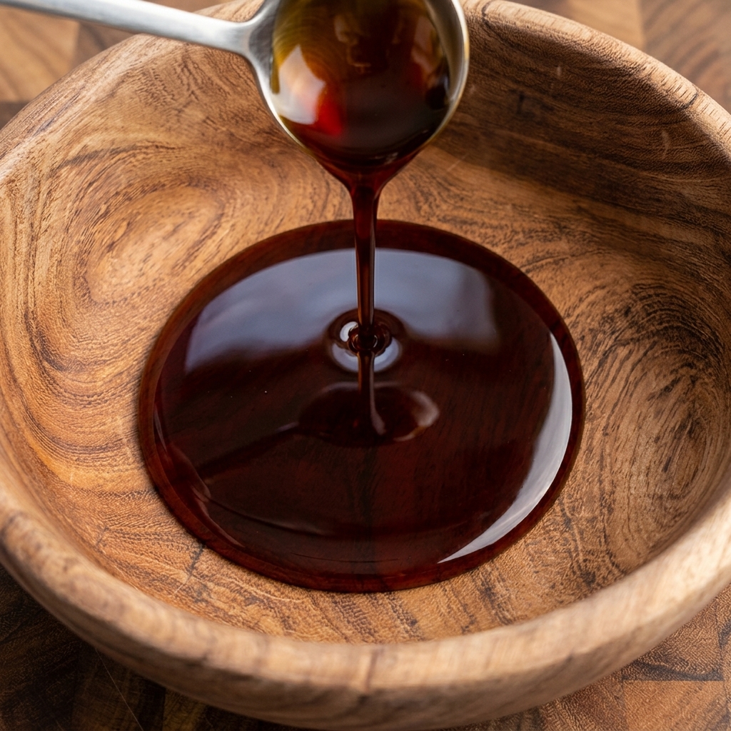 A top-down view of a whisk blending a dark, rich marinade inside a rustic wooden bowl.