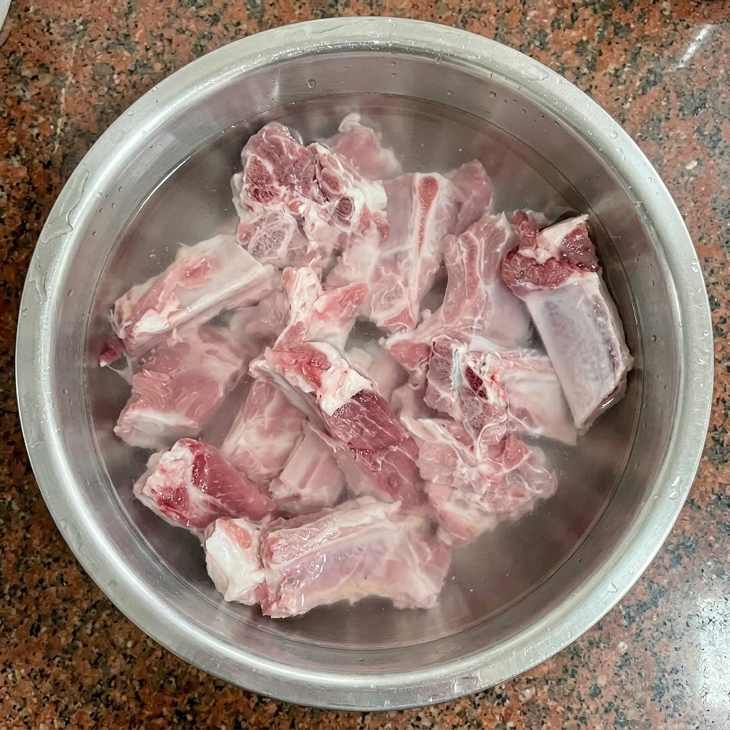 Raw cut pork ribs soaking in cold water inside a stainless steel bowl.