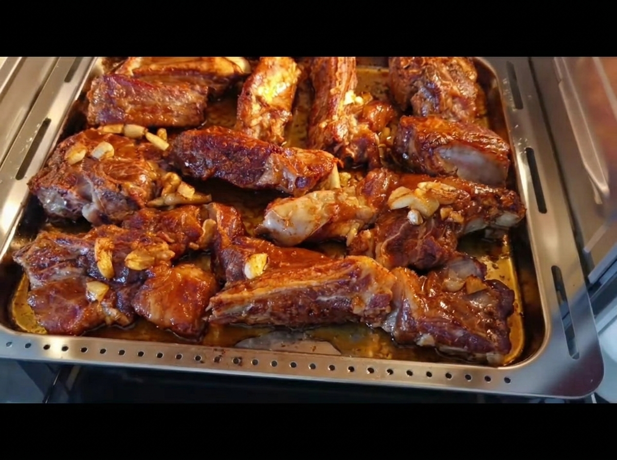 Marinated pork ribs arranged on a stainless steel tray roasting in the oven.