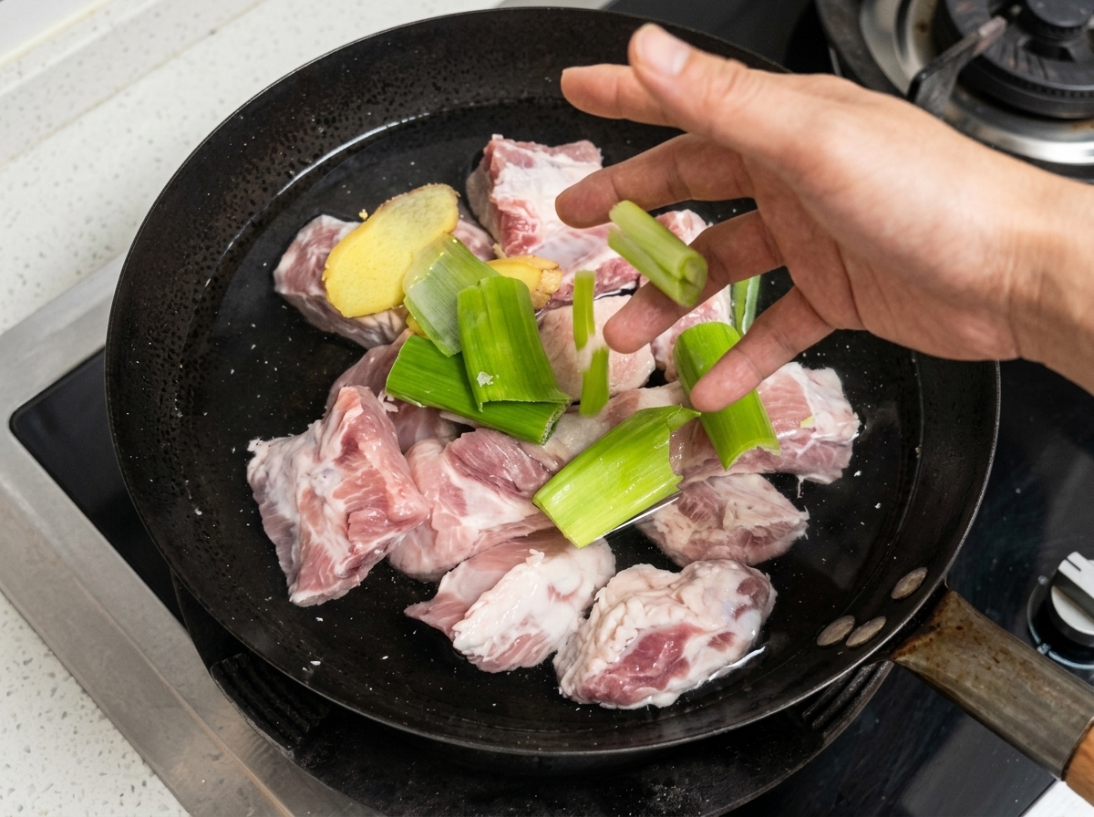 Pork ribs, ginger, and scallions in a pan of cold water, ready to be blanched.