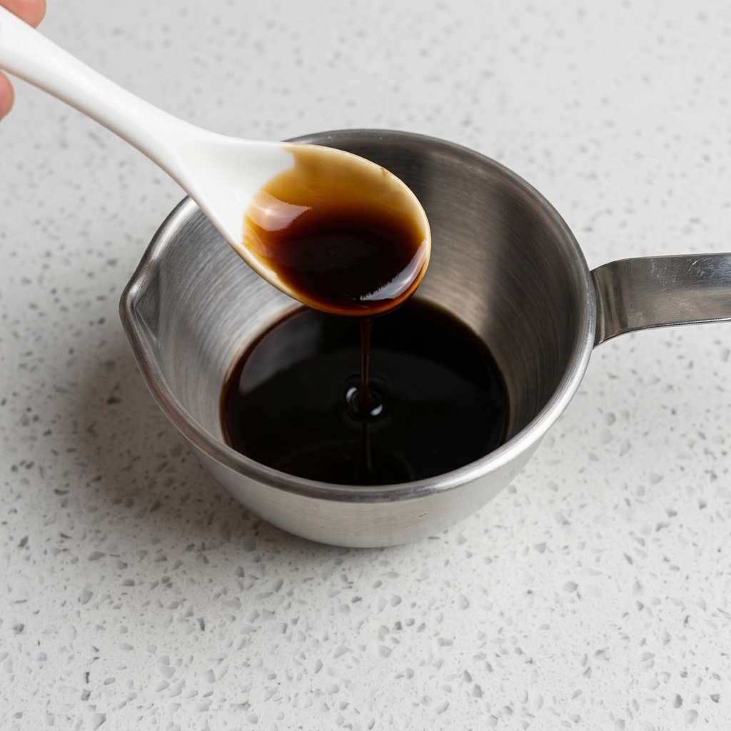 Ketchup and char siu sauce being mixed into the soy sauce base in a metal container.