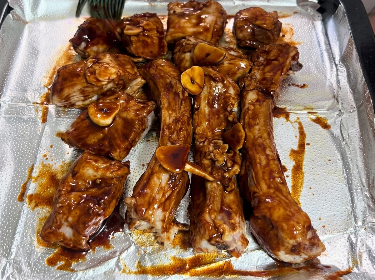 A blue silicone brush spreading thick dark marinade sauce over raw pork ribs.