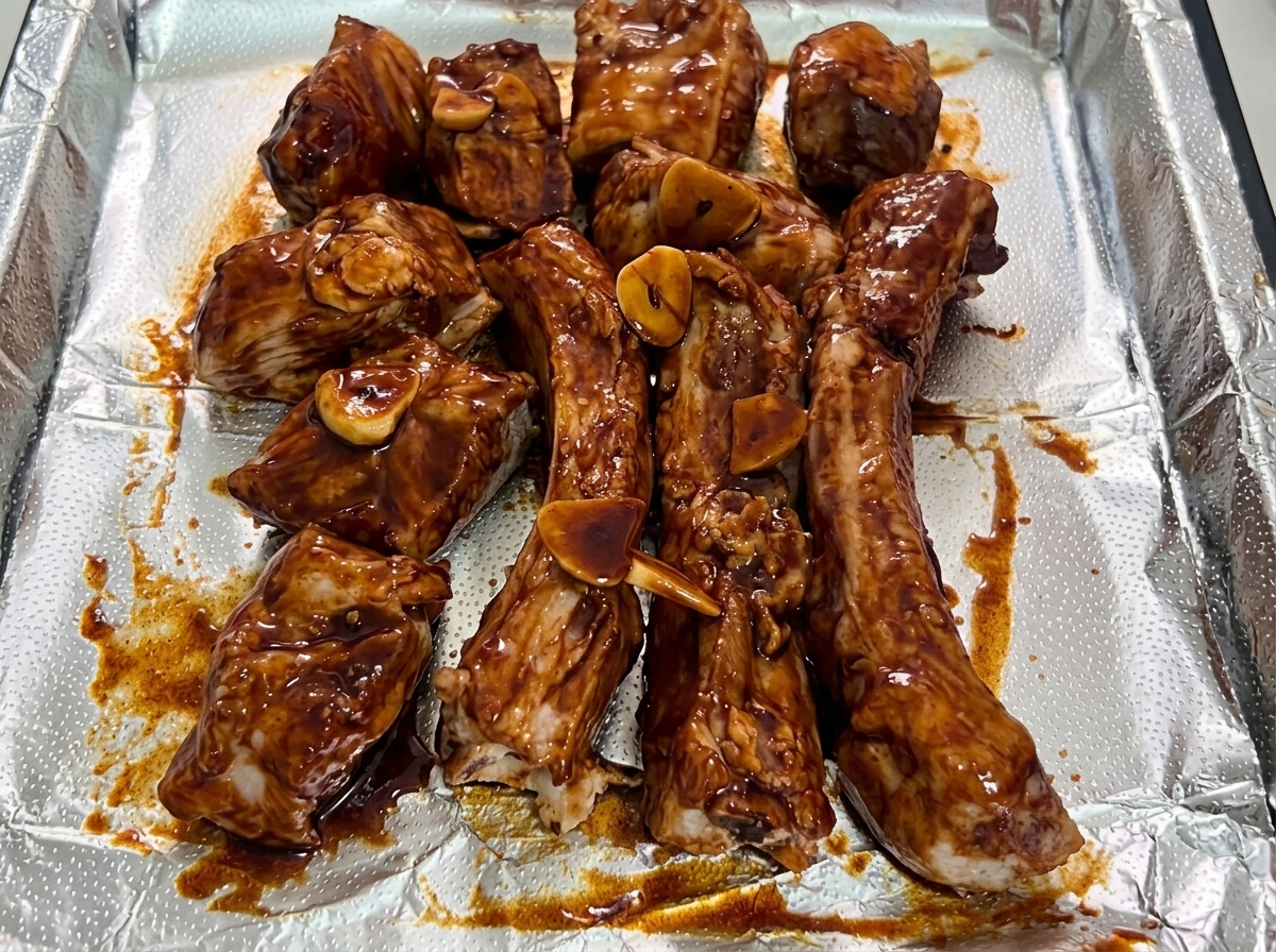 A light mist of cooking oil being sprayed over ribs coated with dark marinade.