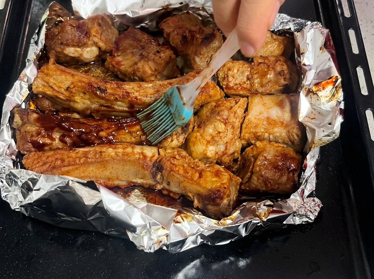 Close-up view of a brush spreading dark, thick sauce over the surface of baked pork ribs arranged on a foil-lined tray.