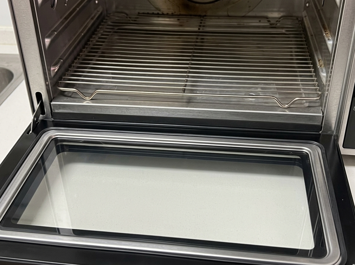 The open door of an oven showing a clean wire rack, ready for the tray of glazed ribs to be inserted.