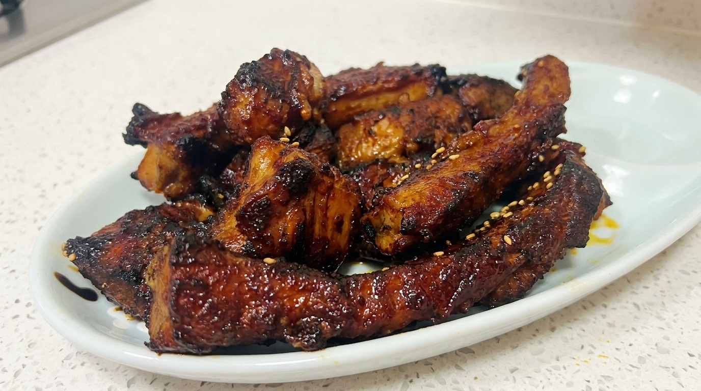 A pile of deeply browned, glossy baked pork ribs sprinkled with toasted white sesame seeds on a white plate.
