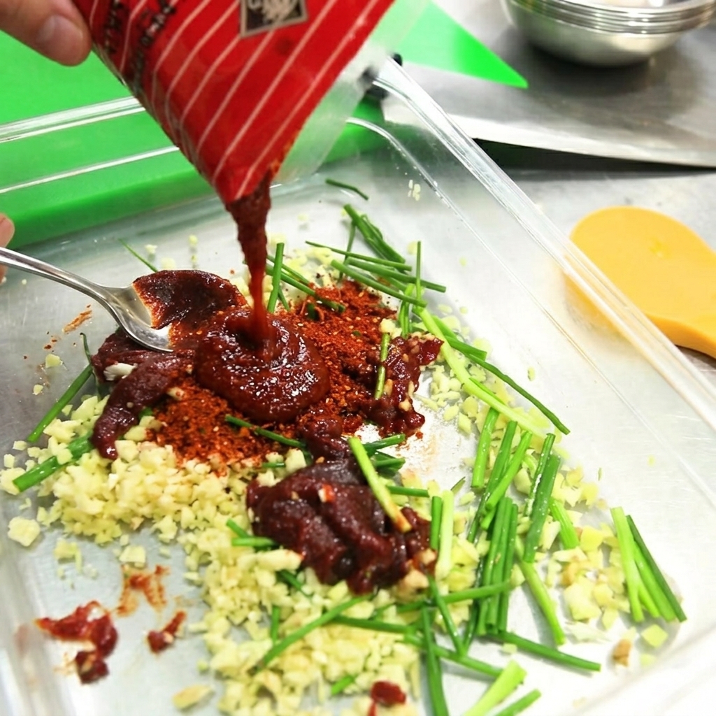Finely ground, bright red Korean red pepper powder being poured into the marinade container, settling on top of the garlic and chive mixture.