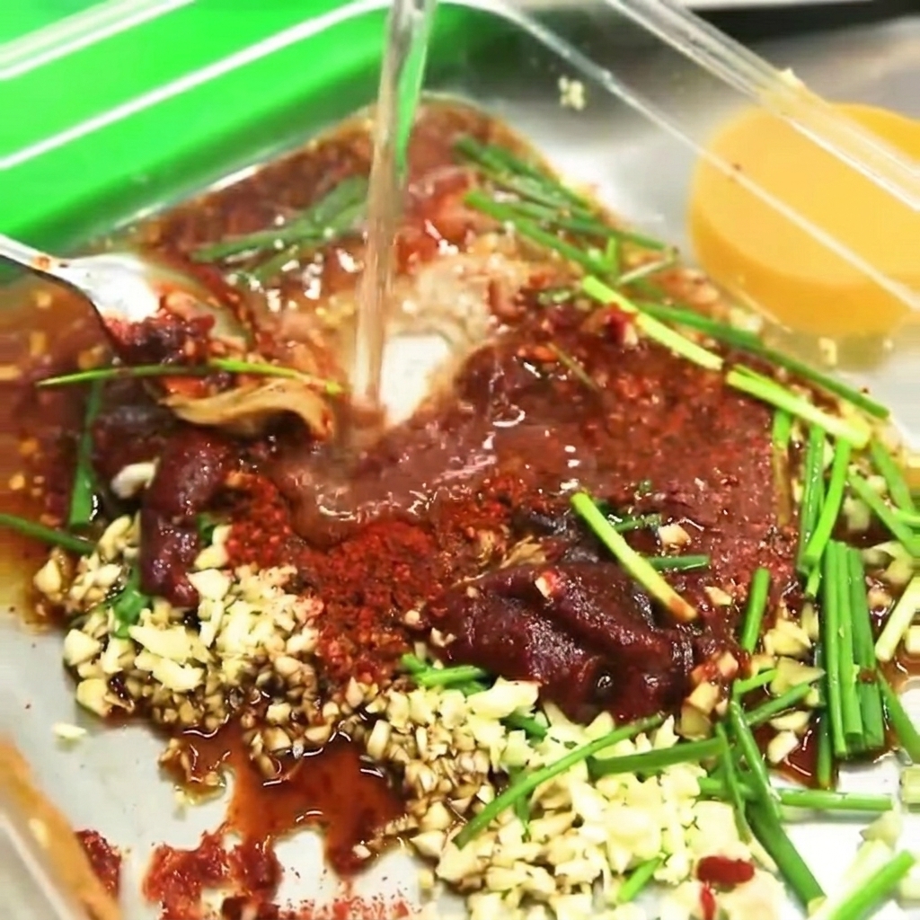 A metal spoon actively mixing the thick, reddish-brown marinade ingredients in a clear container until smooth.