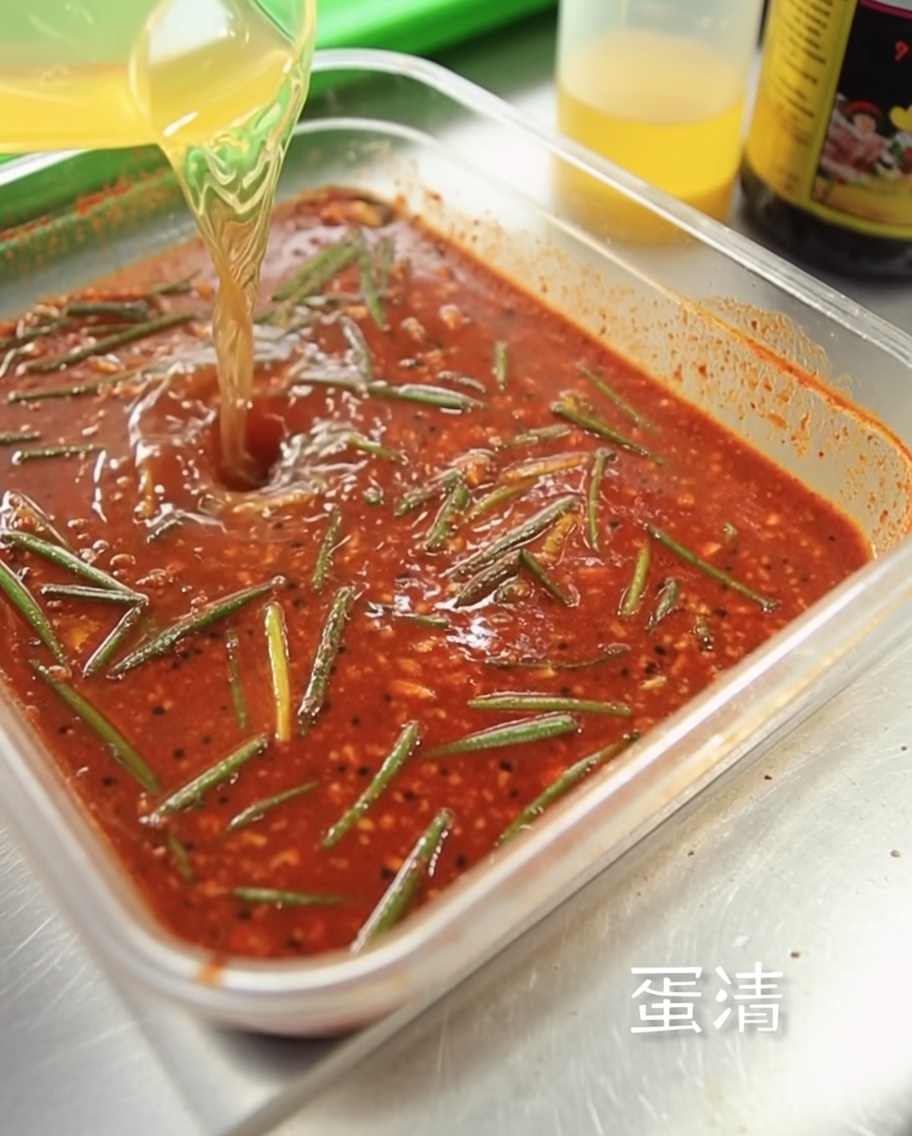 Pouring clear egg whites into the bowl with the red marinade ingredients.