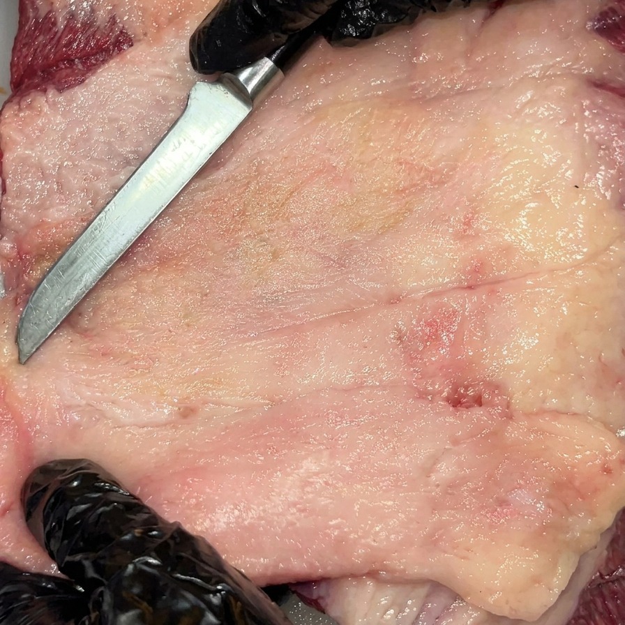 Coarse sea salt being poured evenly over the raw, trimmed surface of the Wagyu brisket.