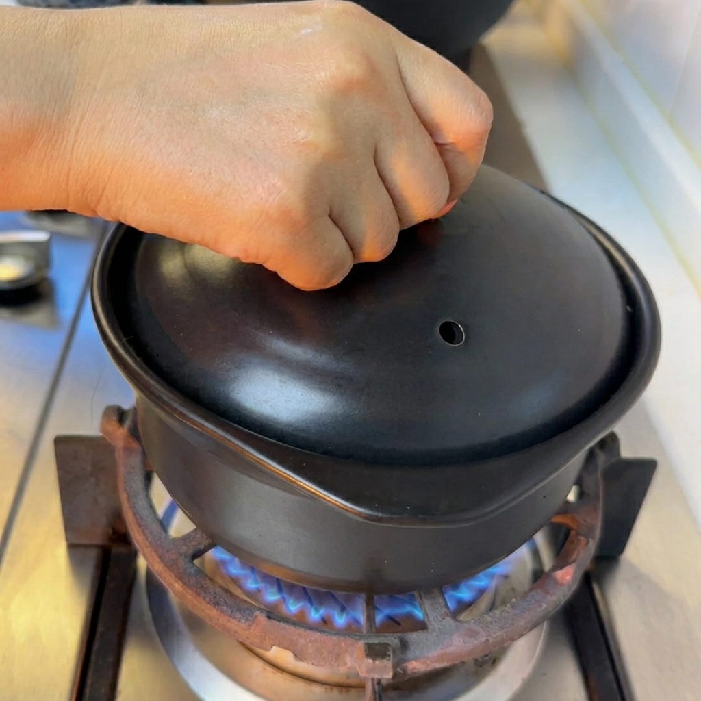 A mix of millet, mung beans, and red dates simmering in water in a small metal pot.