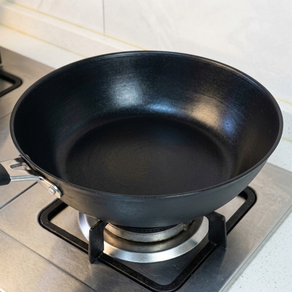 Red onion pieces sautéing in a hot black flat-bottomed pan.