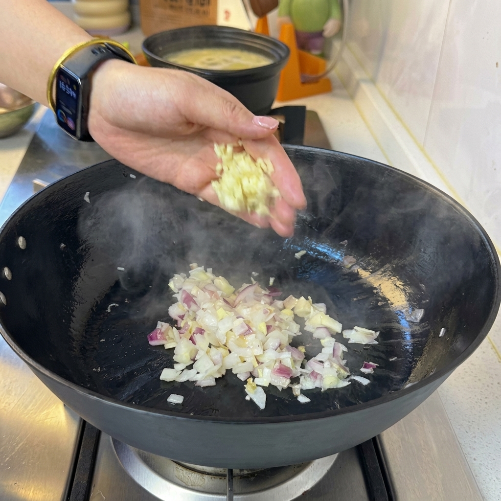 Minced garlic and browned beef cooking together in the pan.