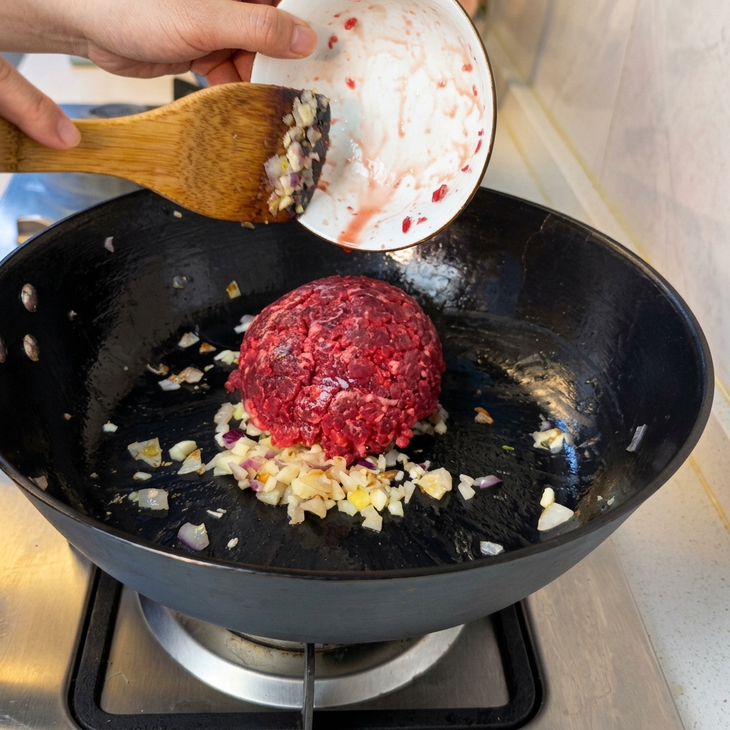 Minced beef being stir-fried in a black pan with sautéed onions and garlic.