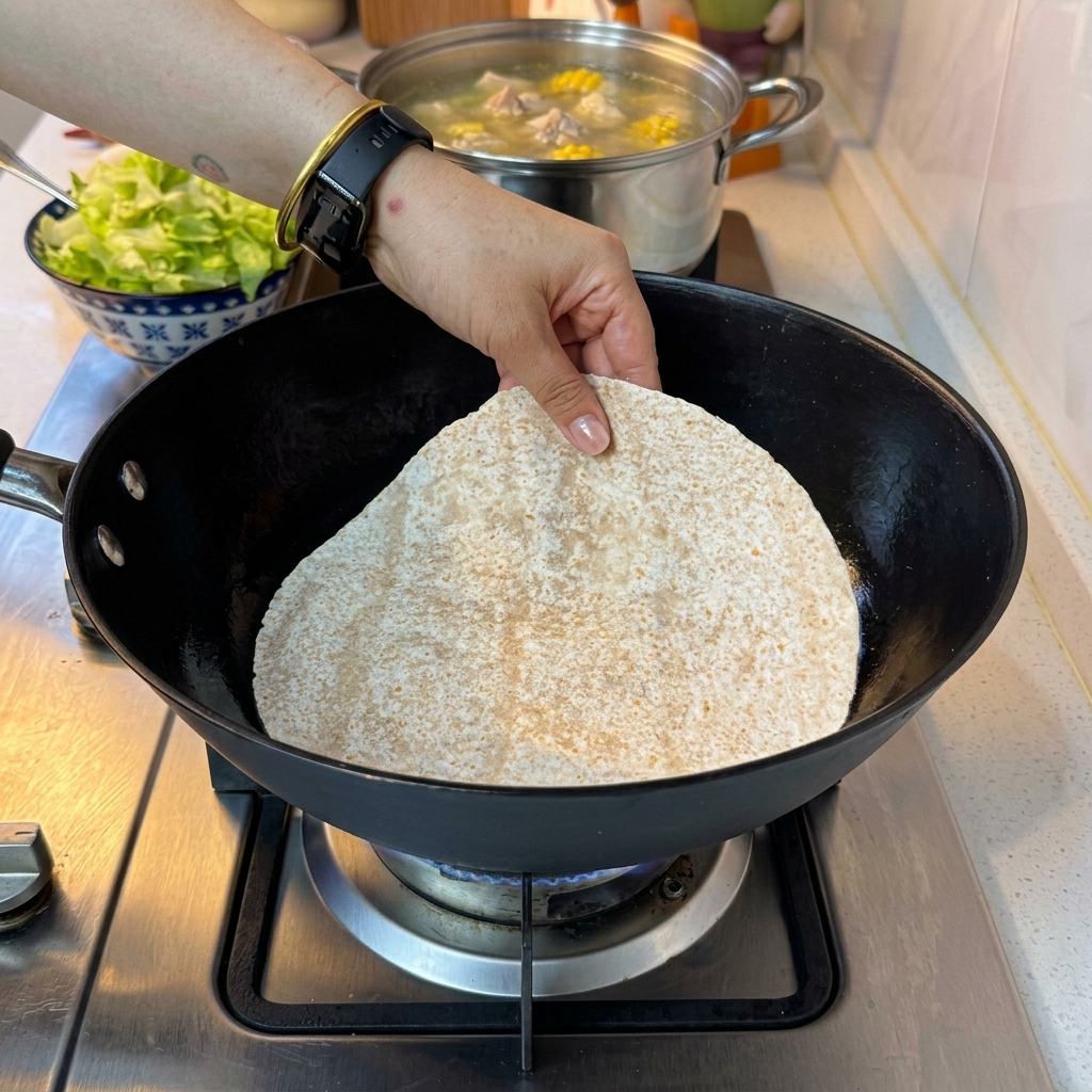 A tortilla in a pan topped with a layer of shredded cheese.
