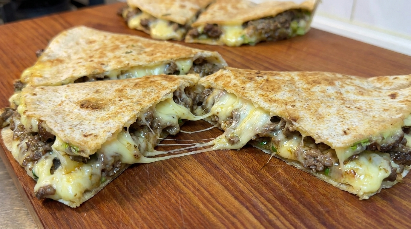 A perfectly golden-brown cheesy beef quesadilla, sliced to reveal a gooey, stretchy cheese and seasoned beef filling.