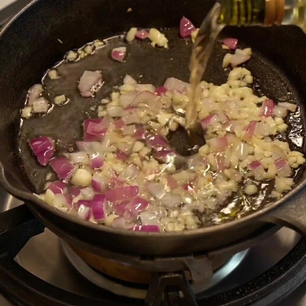 White wine bubbling in the cast iron skillet as it hits the hot surface with sautéed aromatics.