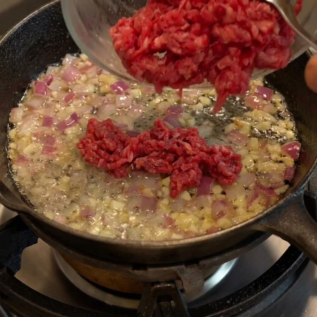 Ground beef browning in the cast iron skillet, mixed with translucent onions and garlic.