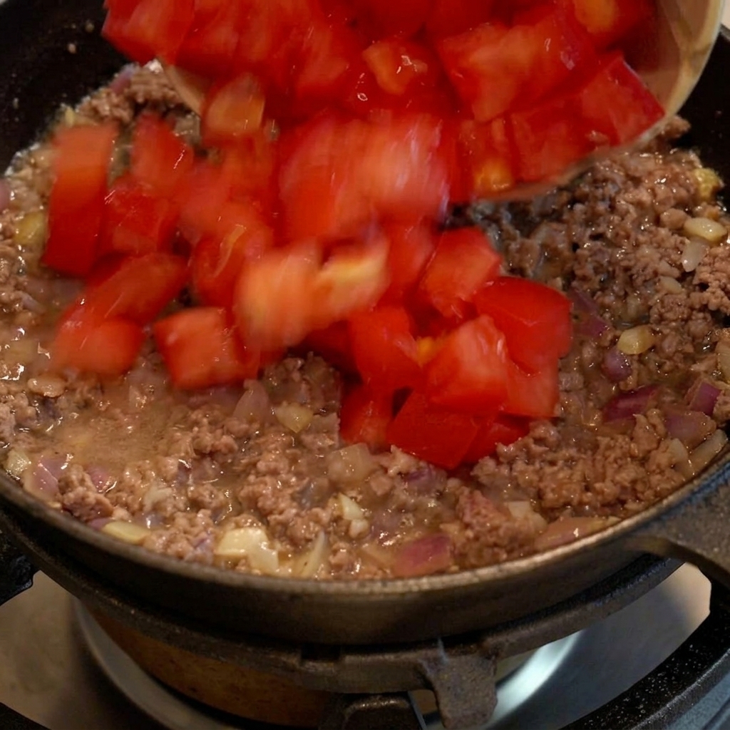 Diced tomatoes mixed into browned ground beef in a skillet, creating a rich and juicy base.