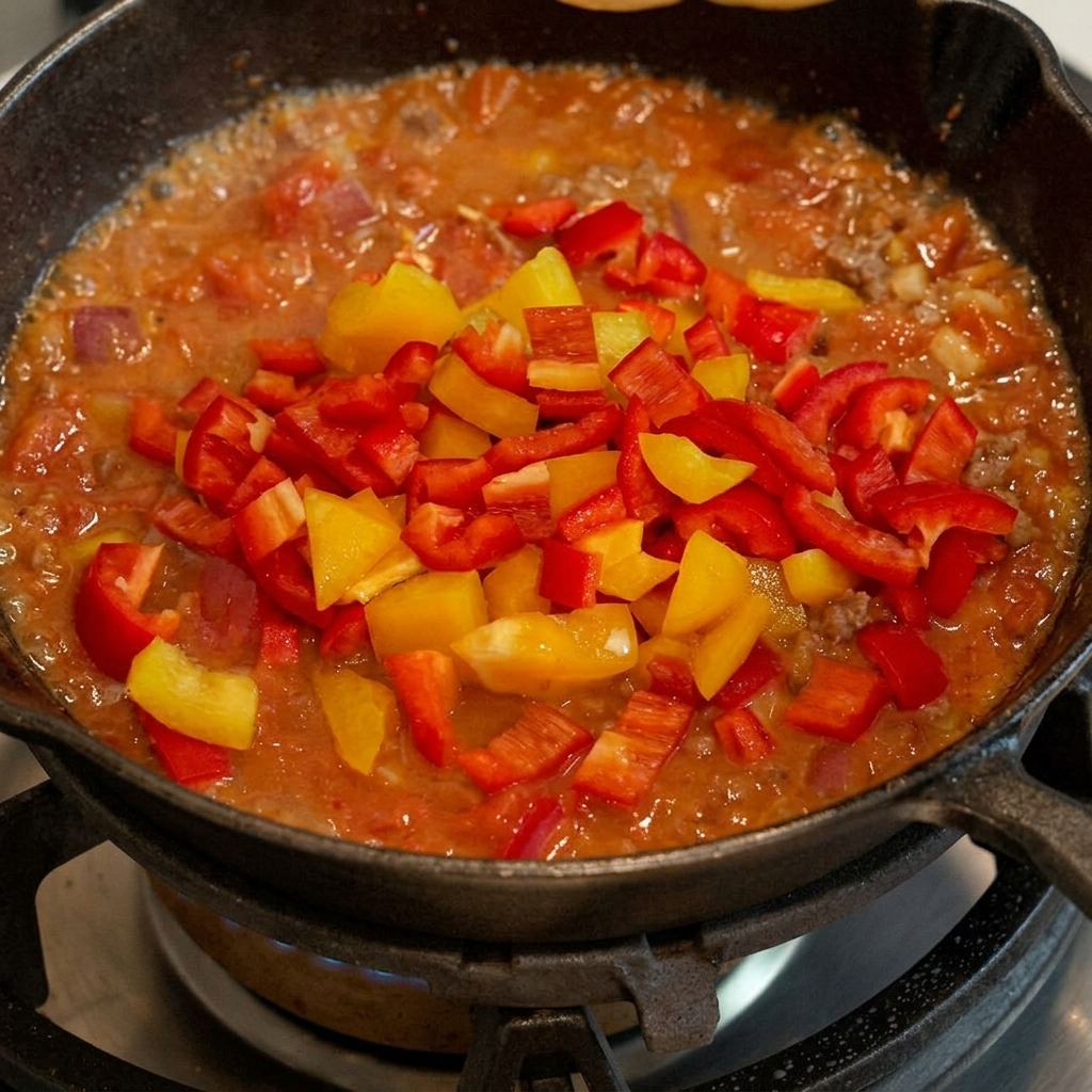 Diced yellow bell peppers being stirred into the beef and tomato base in a cast iron skillet.