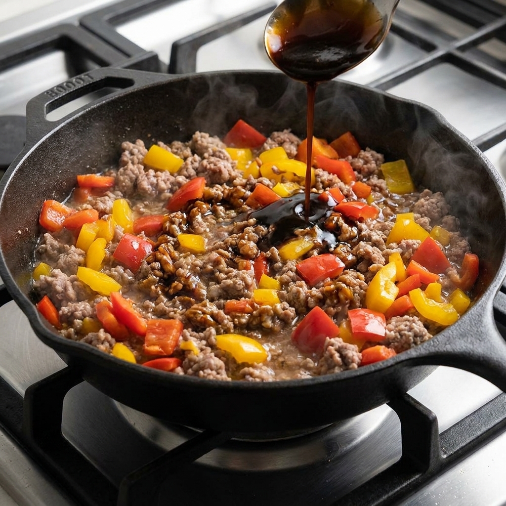 A dark, savory sauce mixture being poured from a spoon into the skillet over the beef and bell peppers.